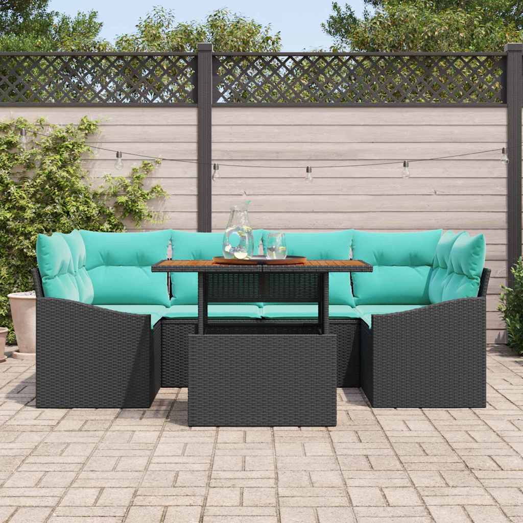 Havesofa Sæt 7 stk. 6-Antal sæder Sort og Teal polyrattan