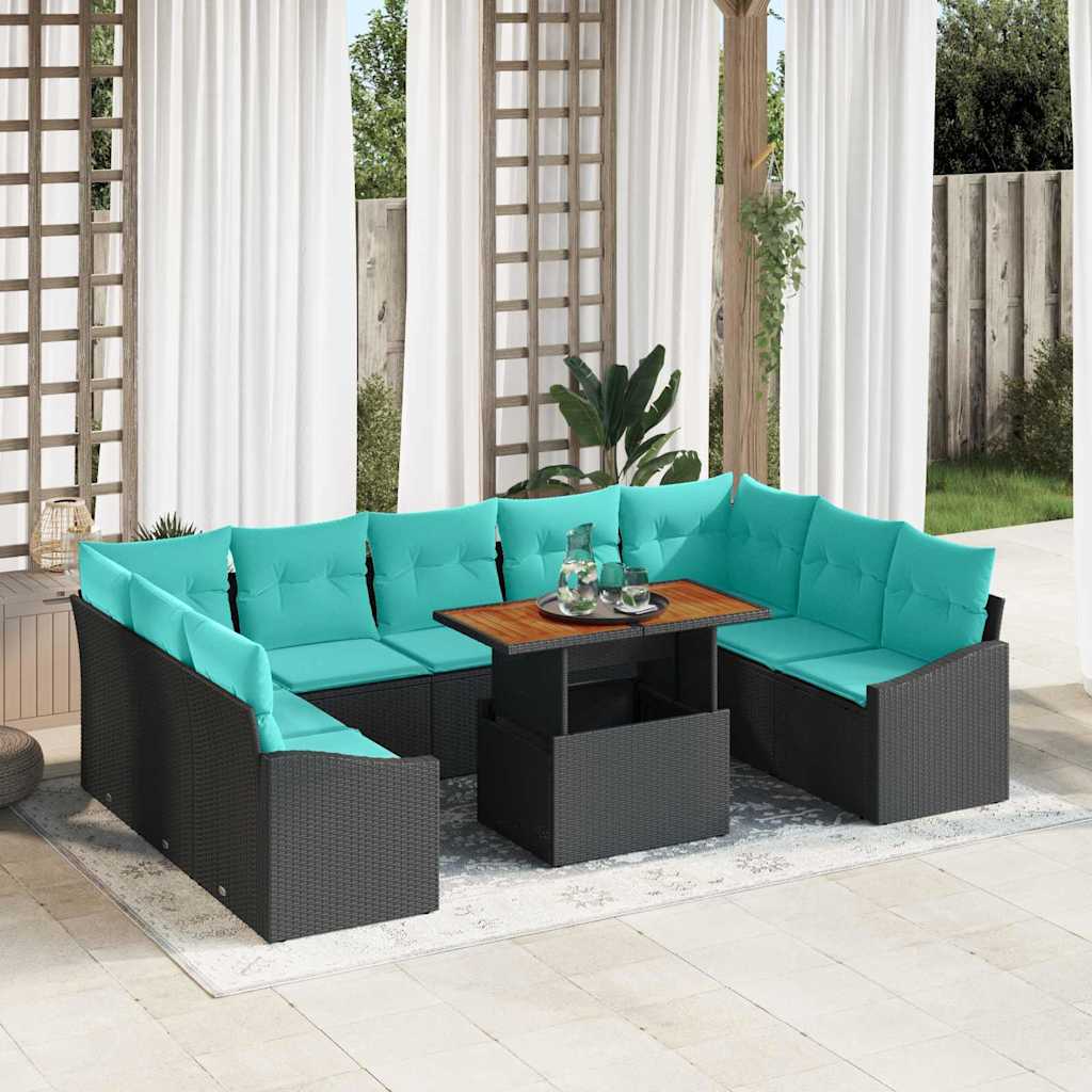 Havesofa Sæt 10 stk. 9-Antal sæder Sort og Teal polyrattan