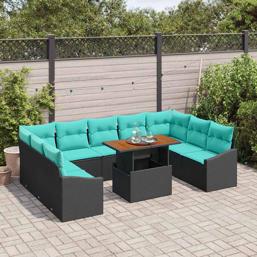 Havesofa Sæt 10 stk. 9-Antal sæder Sort og Teal polyrattan