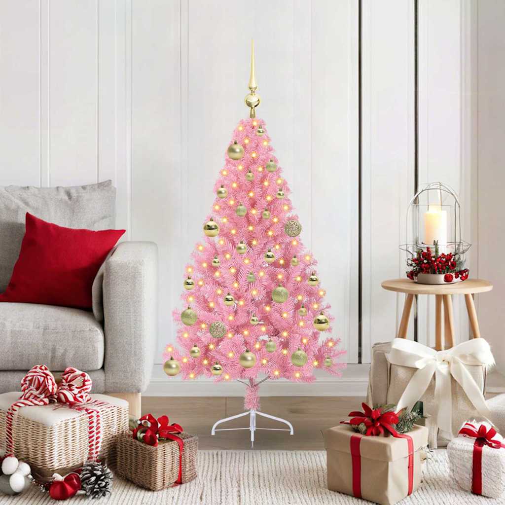 Kunstig Forbelyst Juletræ med 150 LED'er Lyserød 120 cm PVC