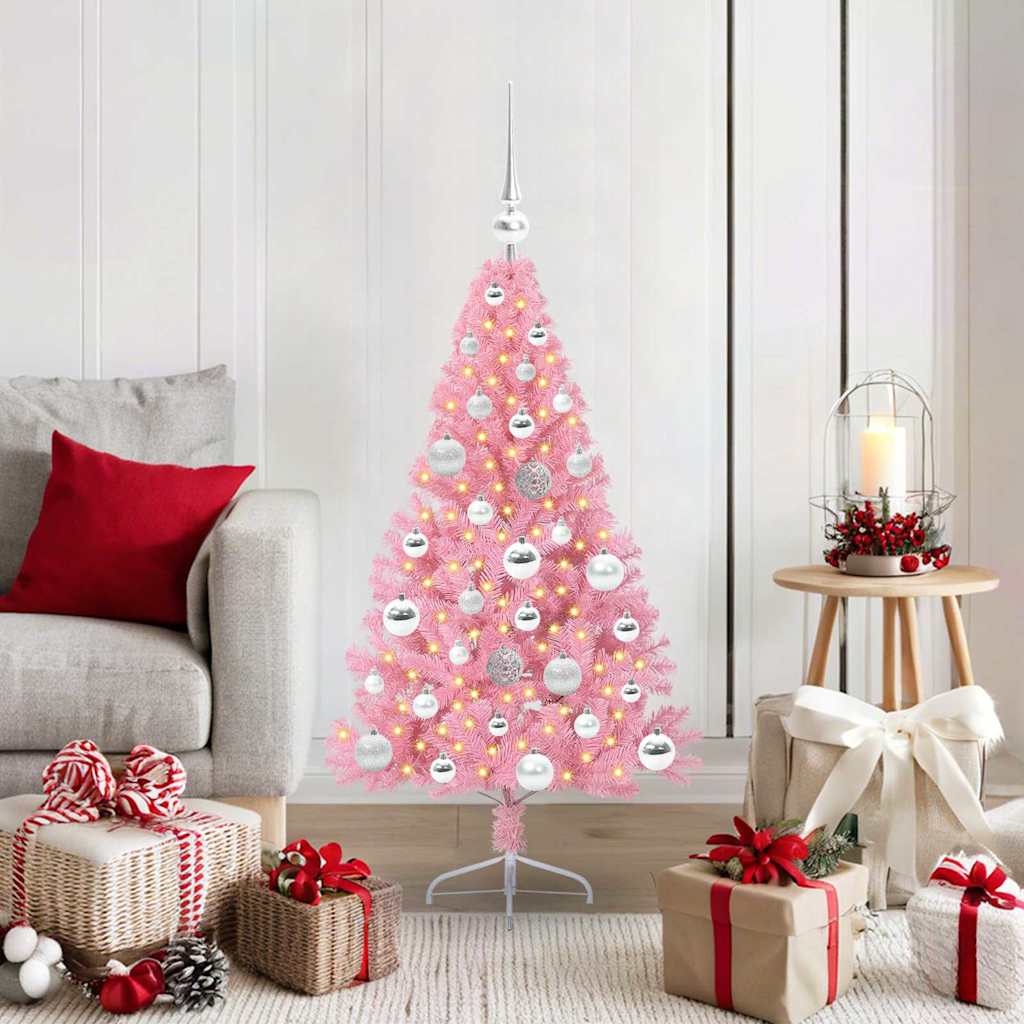 Kunstig Forbelyst Juletræ med 150 LED'er Lyserød 120 cm PVC