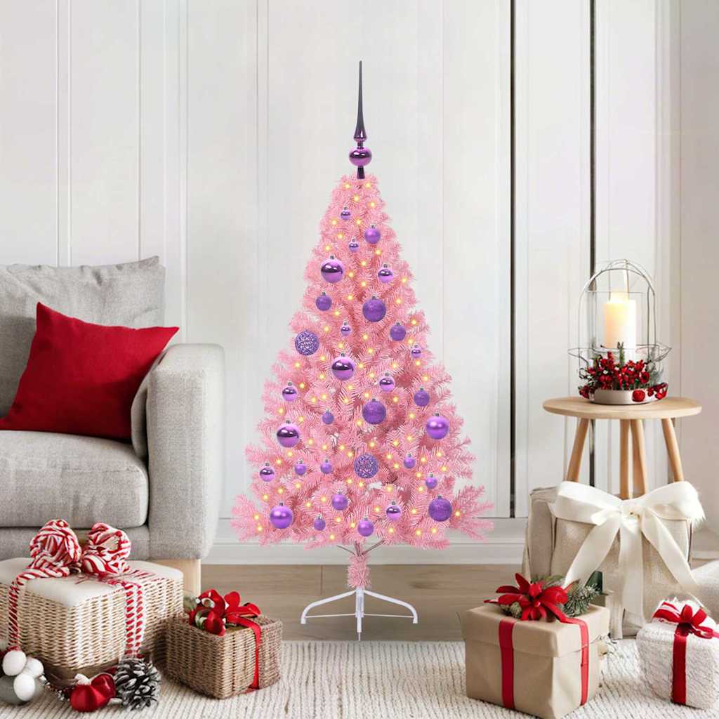 Kunstig Forbelyst Juletræ med 150 LED'er Lyserød 120 cm PVC