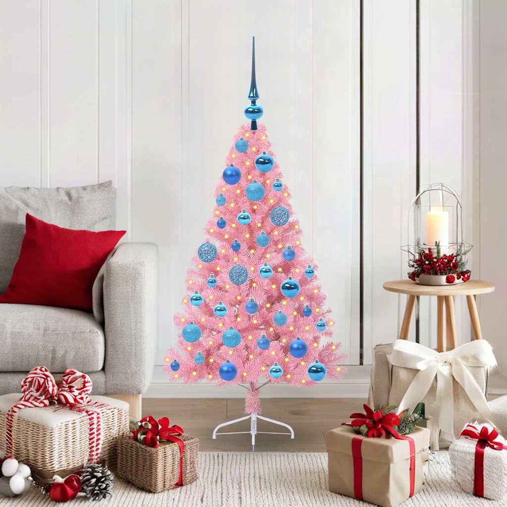 Kunstig Forbelyst Juletræ med 150 LED'er Lyserød 120 cm PVC