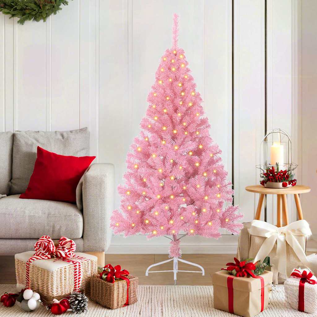 Kunstig Forbelyst Juletræ med 150 LED'er Lyserød 150 cm PVC