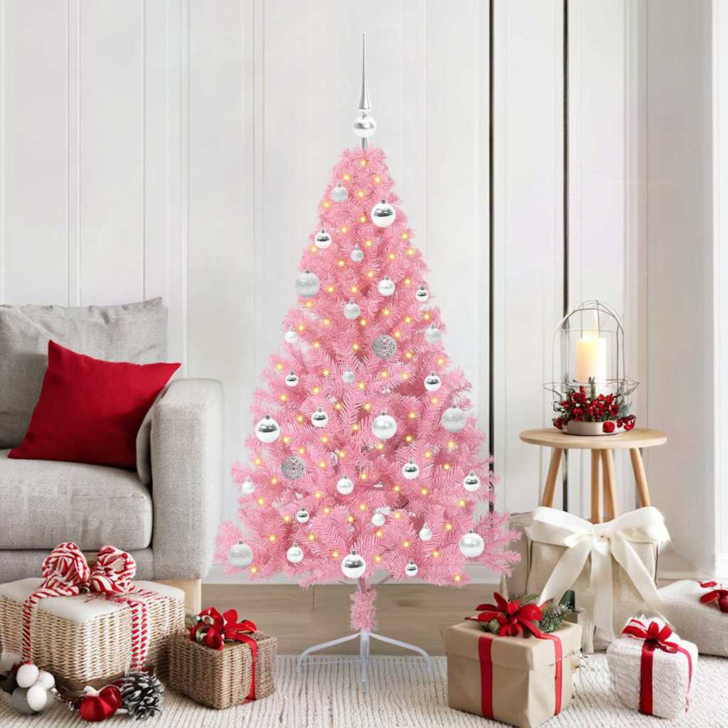 Kunstig Forbelyst Juletræ med 150 LED'er Lyserød 150 cm PVC