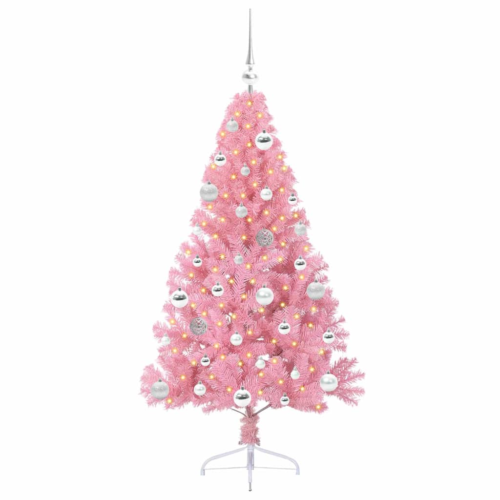 Kunstig Forbelyst Juletræ med 150 LED'er Lyserød 150 cm PVC