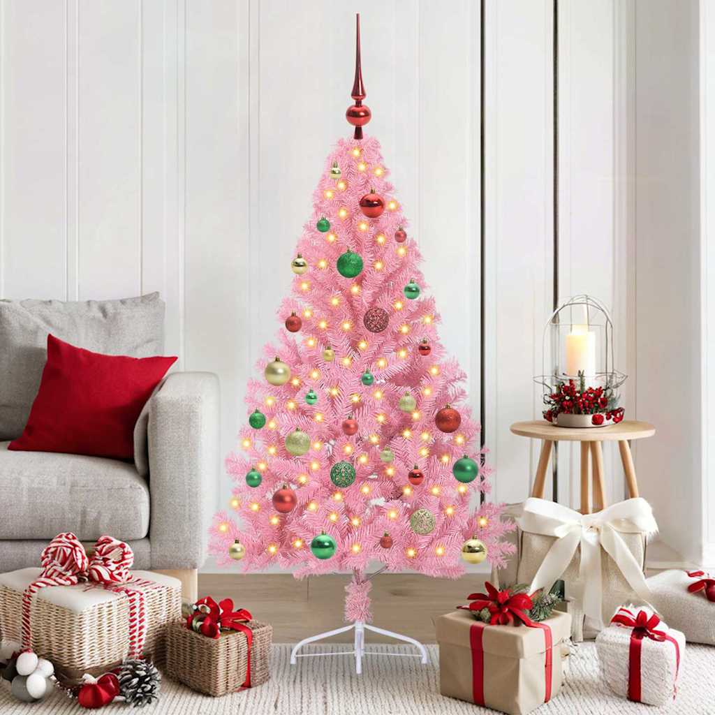 Kunstig Forbelyst Juletræ med 150 LED'er Lyserød 150 cm PVC