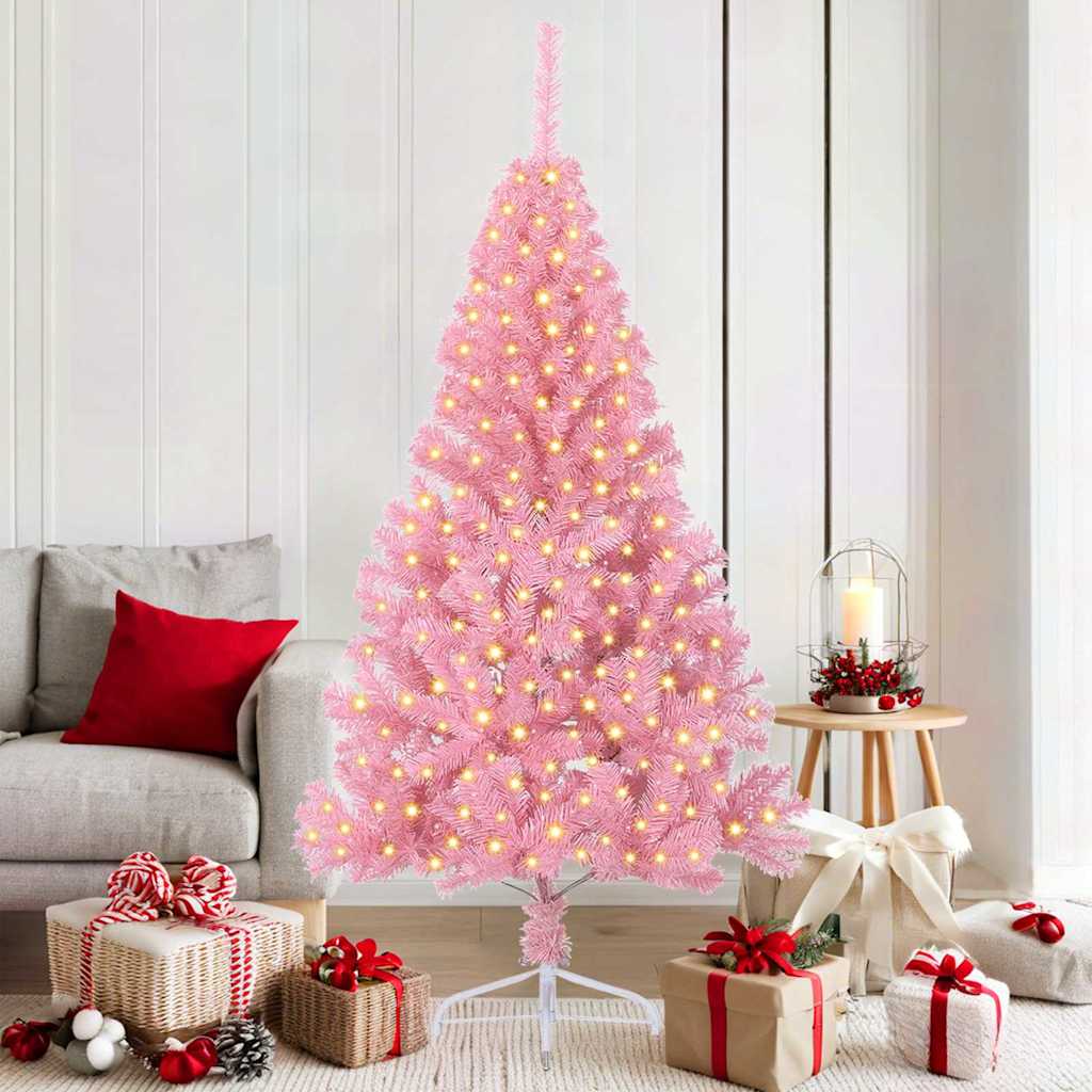 Kunstig Forbelyst Juletræ med 300 LED'er Lyserød 180 cm PVC