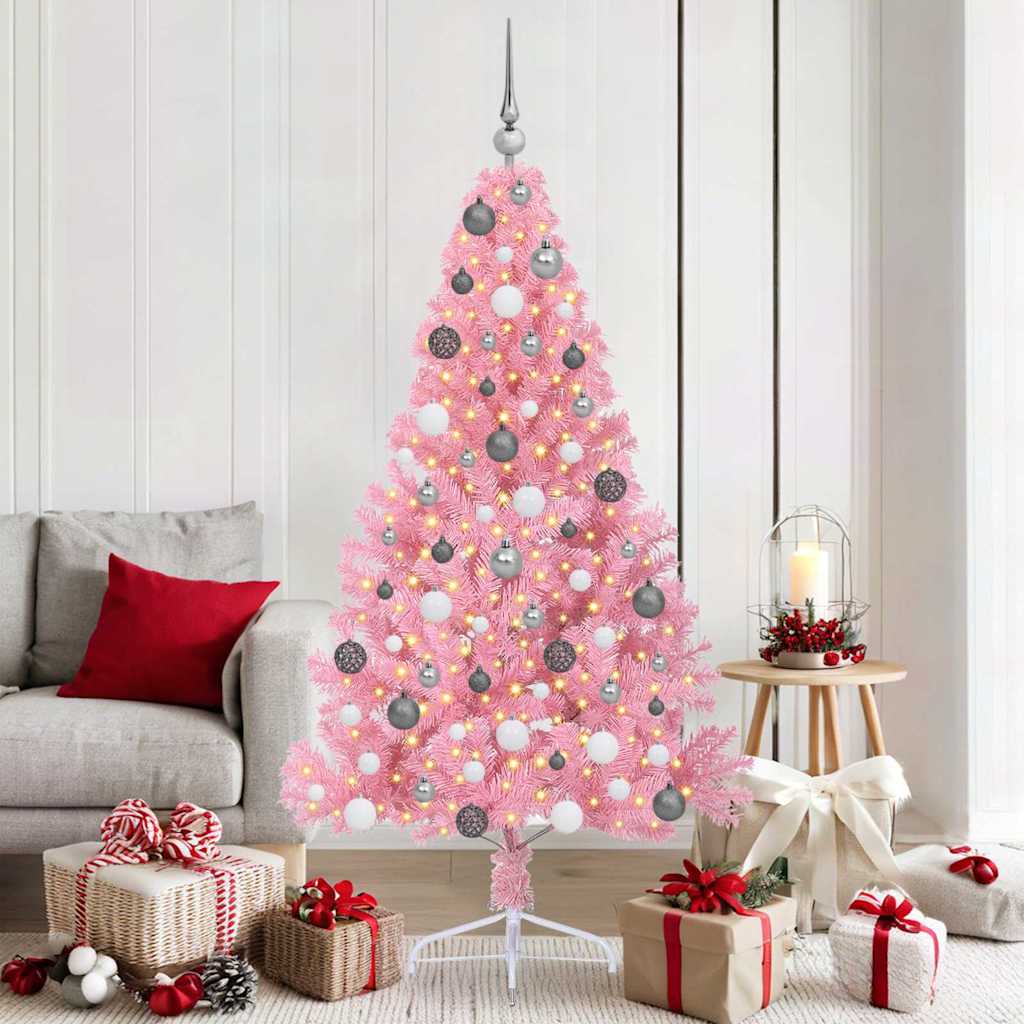 Kunstig Forbelyst Juletræ med 300 LED'er Lyserød 180 cm PVC
