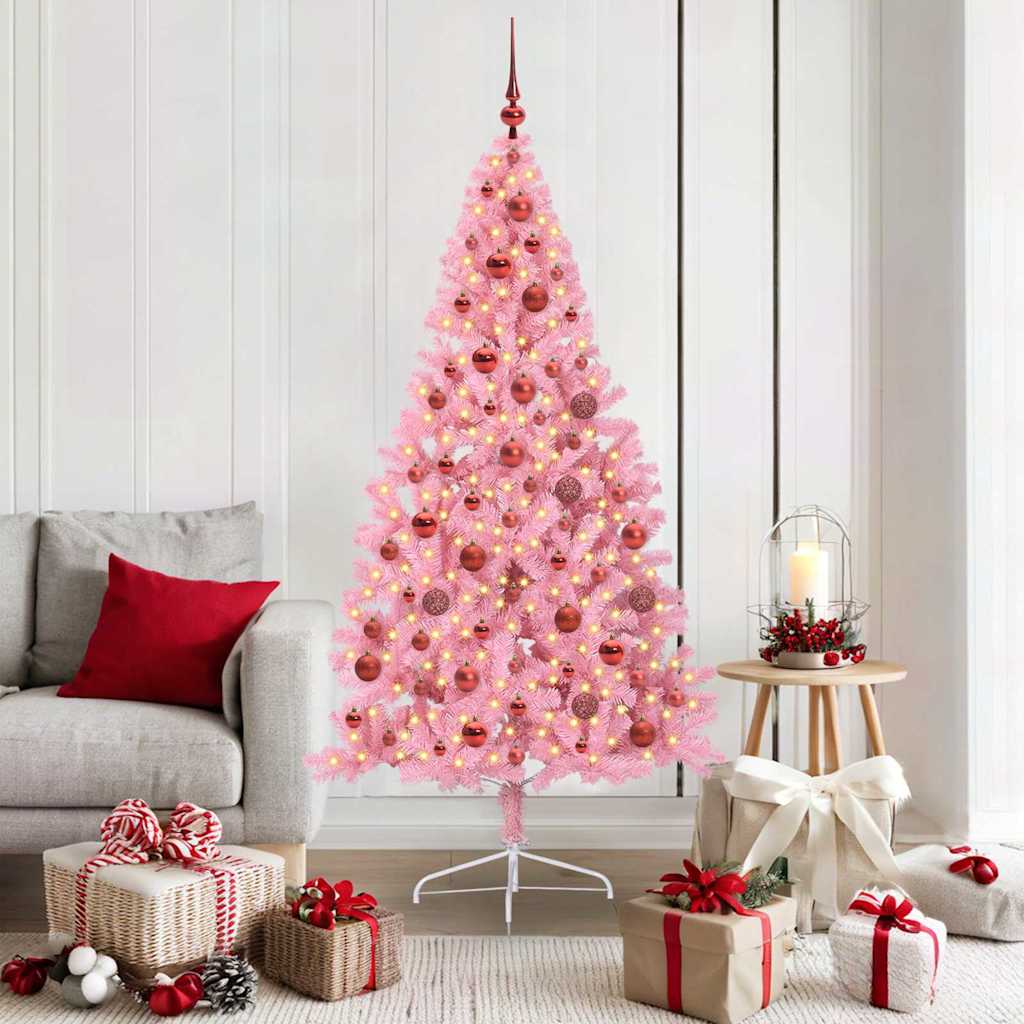 Kunstig Forbelyst Juletræ med 300 LED'er Lyserød 180 cm PVC