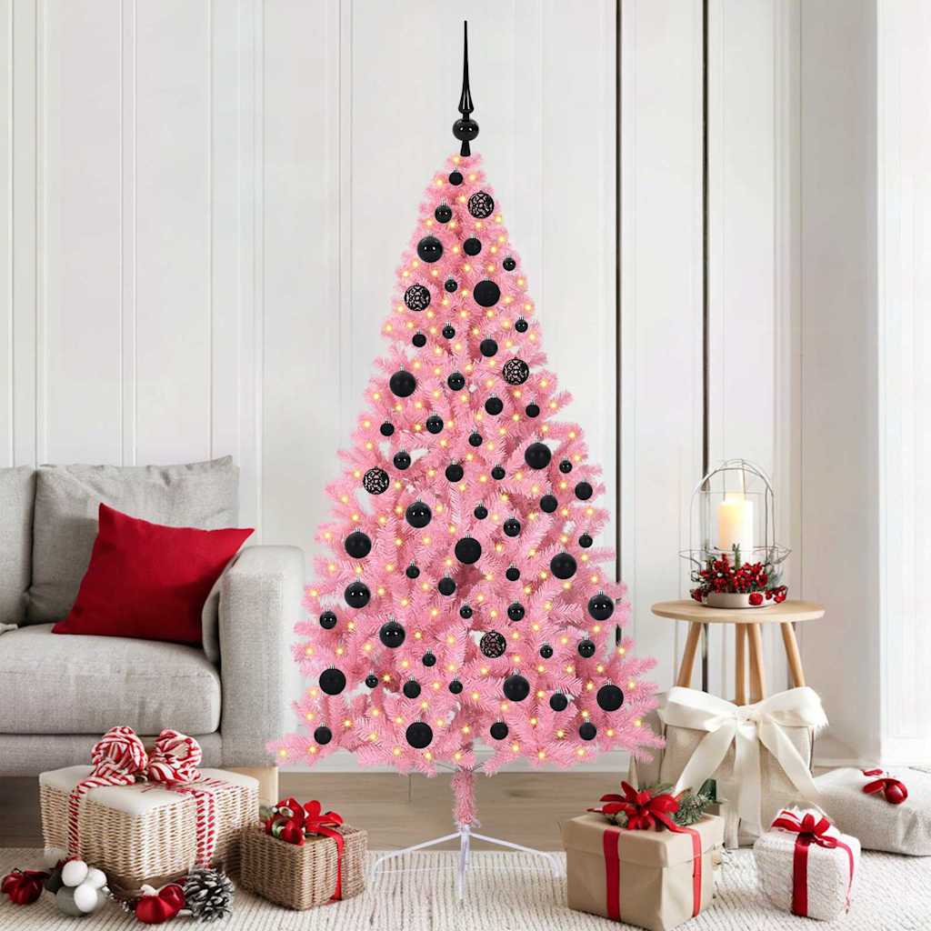 Kunstig Forbelyst Juletræ med 300 LED'er Lyserød 180 cm PVC