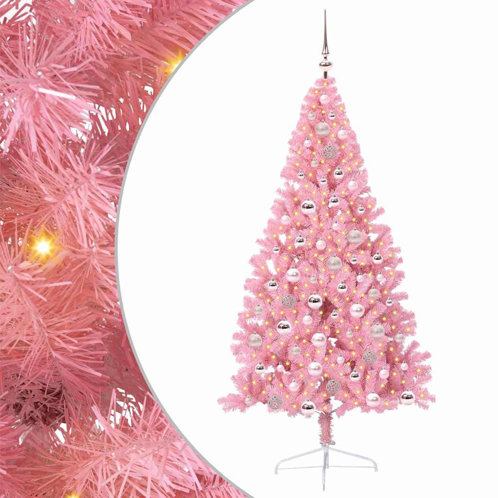 Kunstig Forbelyst Juletræ med 300 LED'er Lyserød 180 cm PVC
