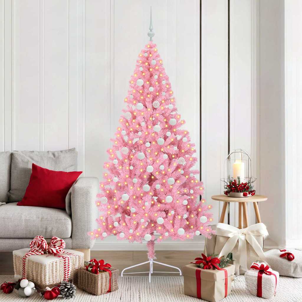 Kunstig Forbelyst Juletræ med 300 LED'er Lyserød 180 cm PVC