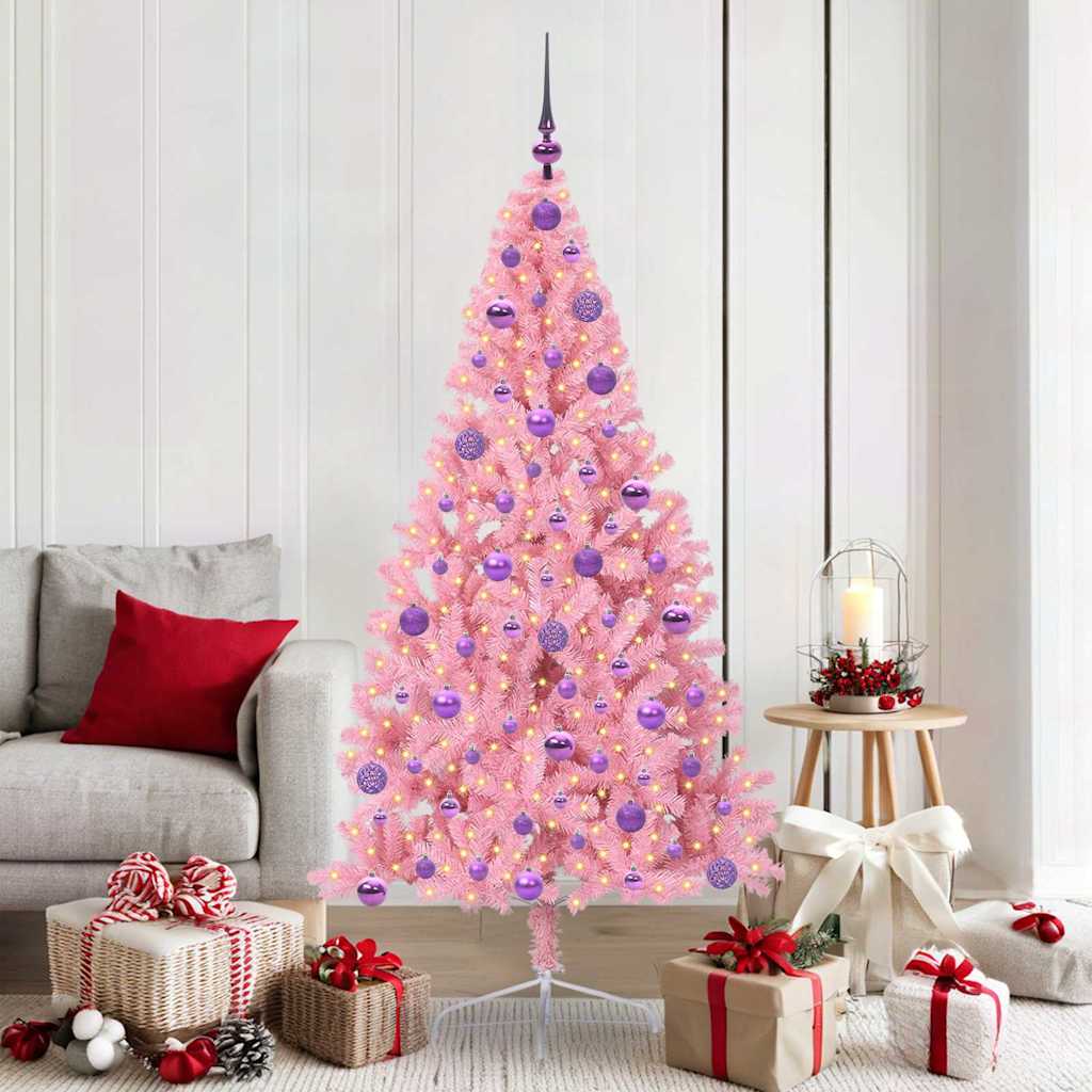 Kunstig Forbelyst Juletræ med 300 LED'er Lyserød 180 cm PVC