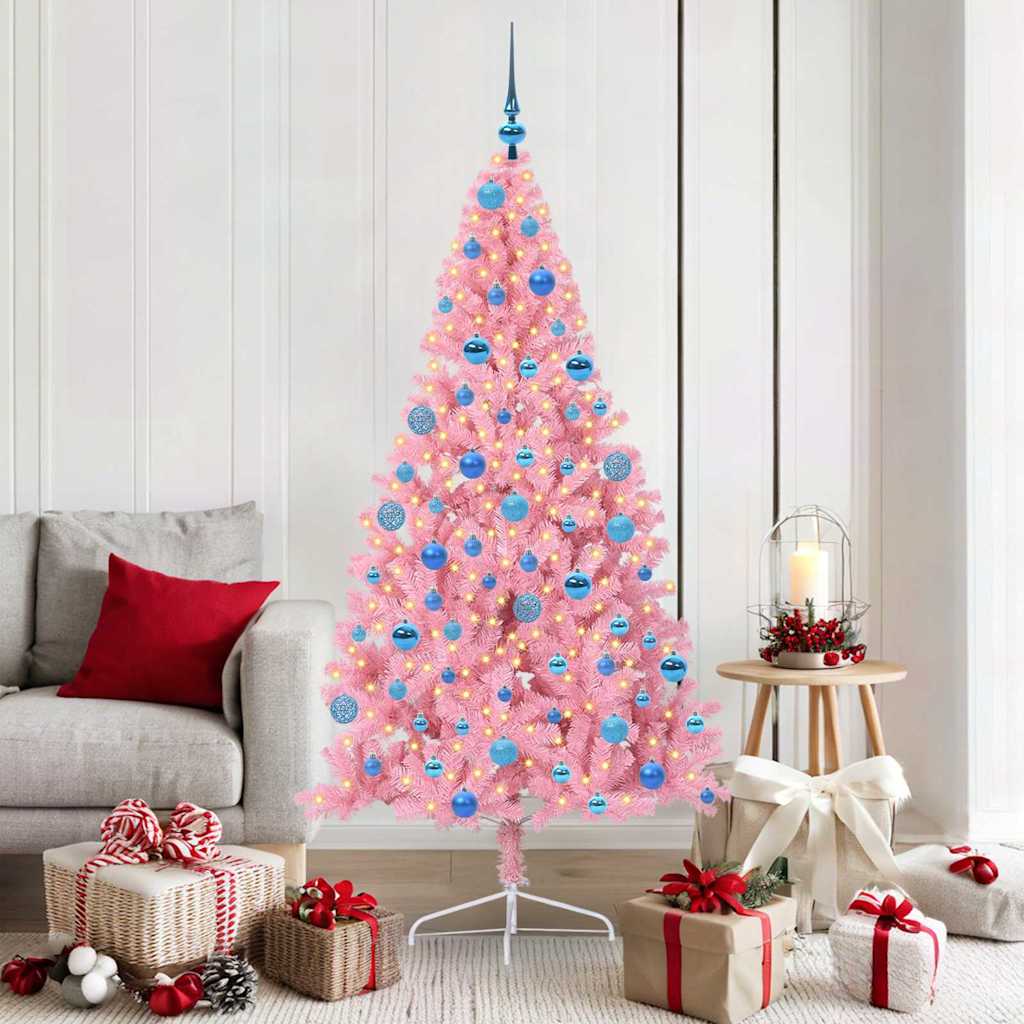 Kunstig Forbelyst Juletræ med 300 LED'er Lyserød 180 cm PVC