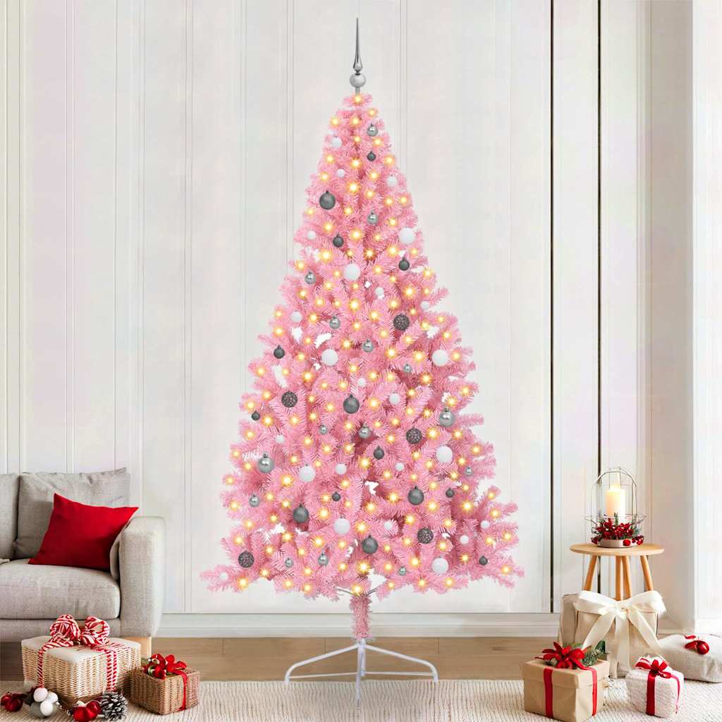 Kunstig Forbelyst Juletræ med 300 LED'er Lyserød 240 cm PVC