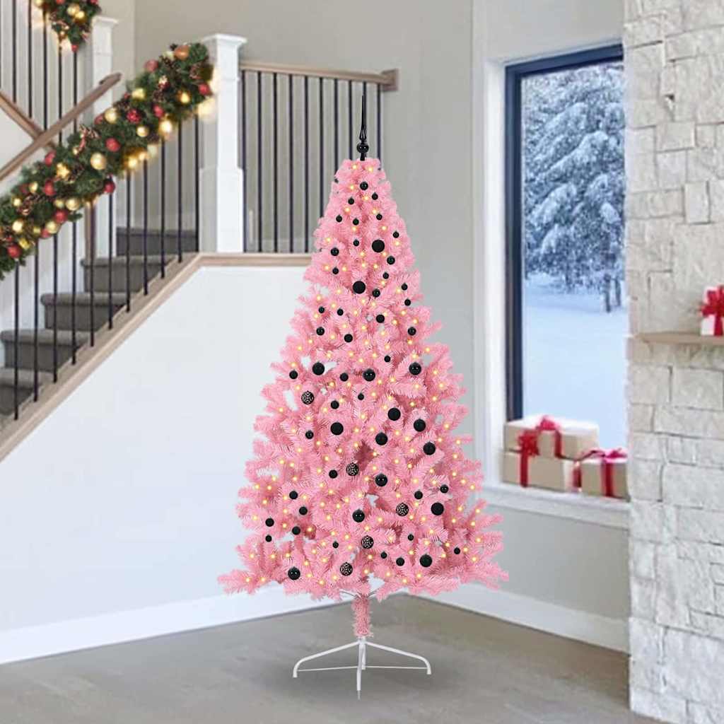 Kunstig Forbelyst Juletræ med 300 LED'er Lyserød 240 cm PVC