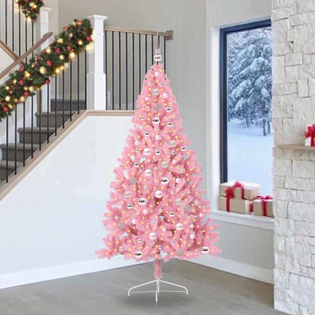 Kunstig Forbelyst Juletræ med 300 LED'er Lyserød 240 cm PVC