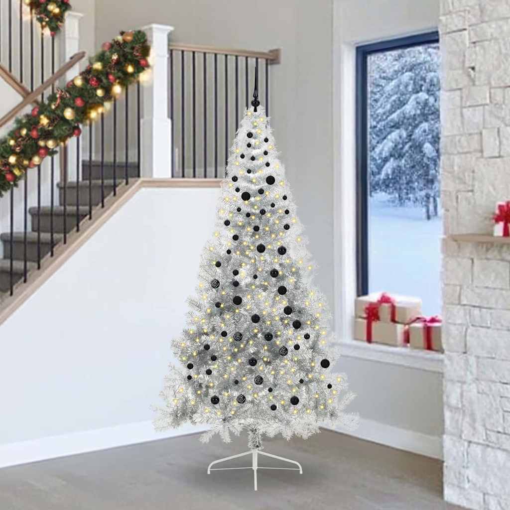 Kunstig Forbelyst Juletræ med 300 LED'er Sølv 240 cm PET