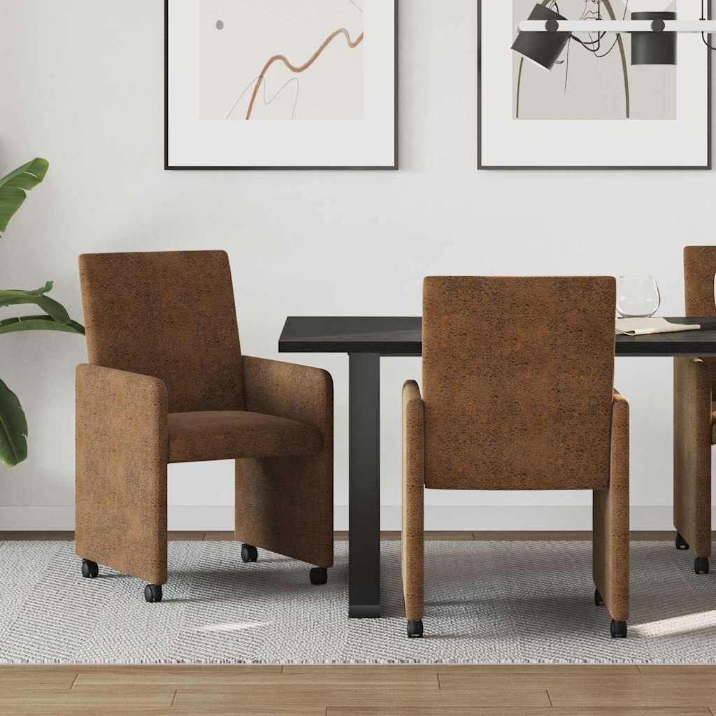 Spisebordsstole med hjul 2 stk. Faux suede læder Brun