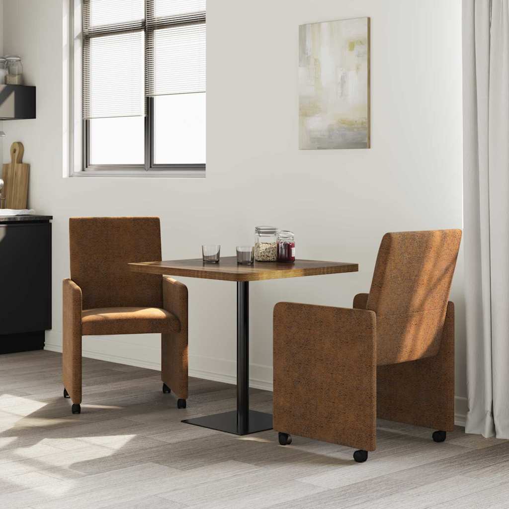 Spisebordsstole med hjul 2 stk. Faux suede læder Brun