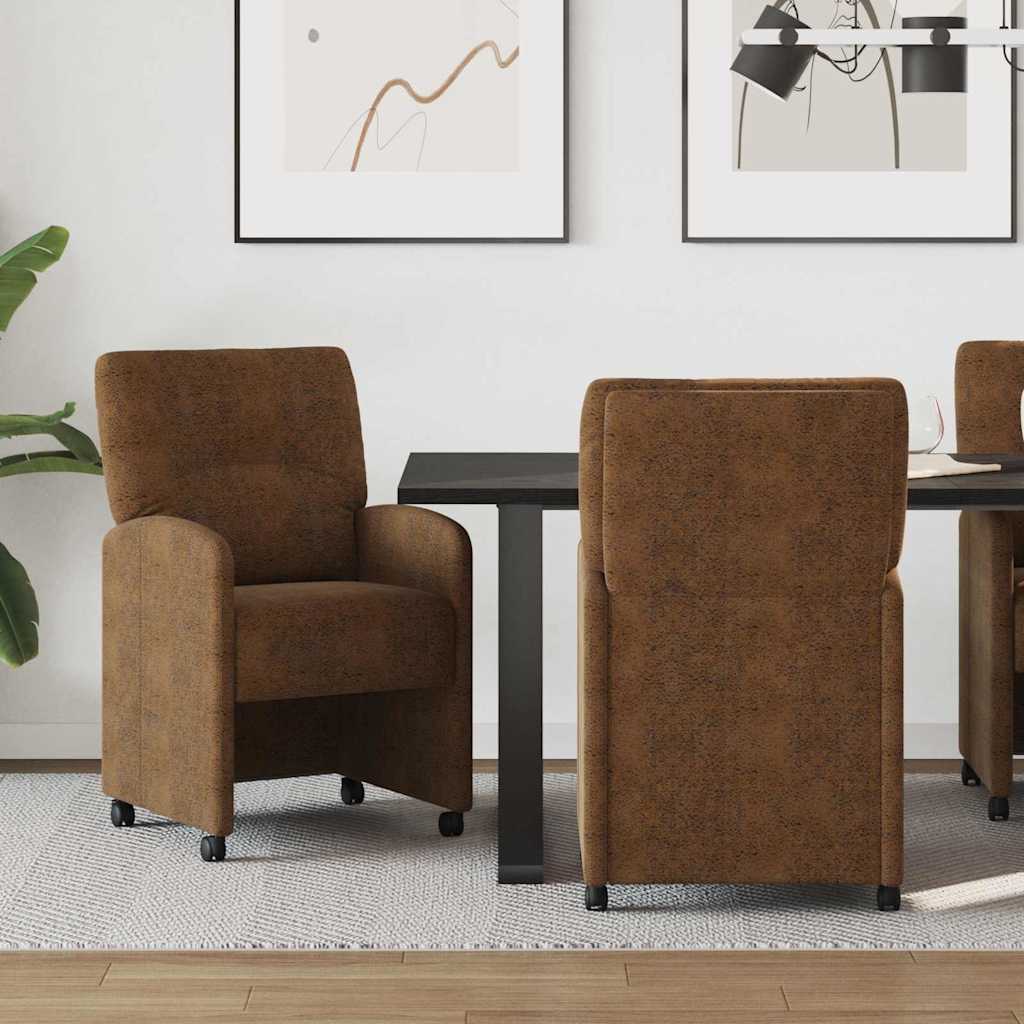 Spisebordsstole med hjul 2 stk. Faux suede læder Brun