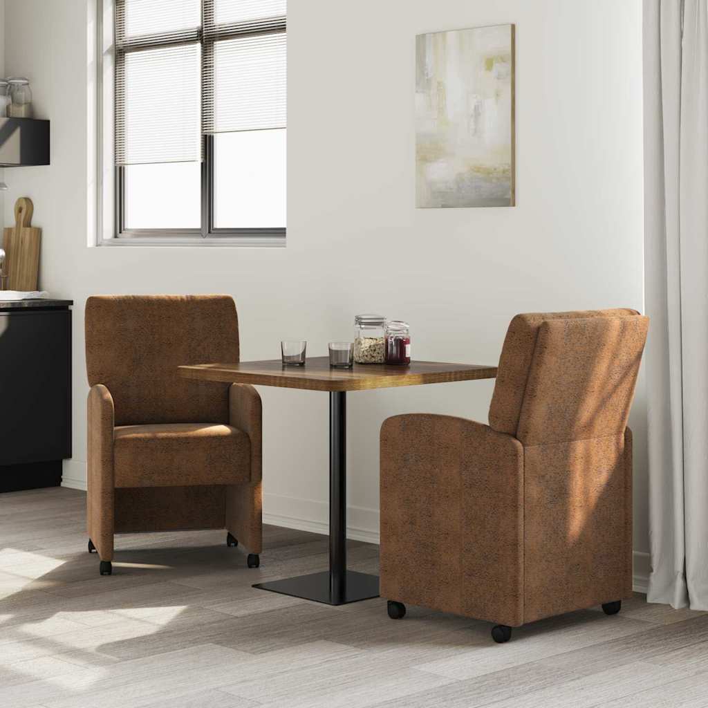 Spisebordsstole med hjul 2 stk. Faux suede læder Brun