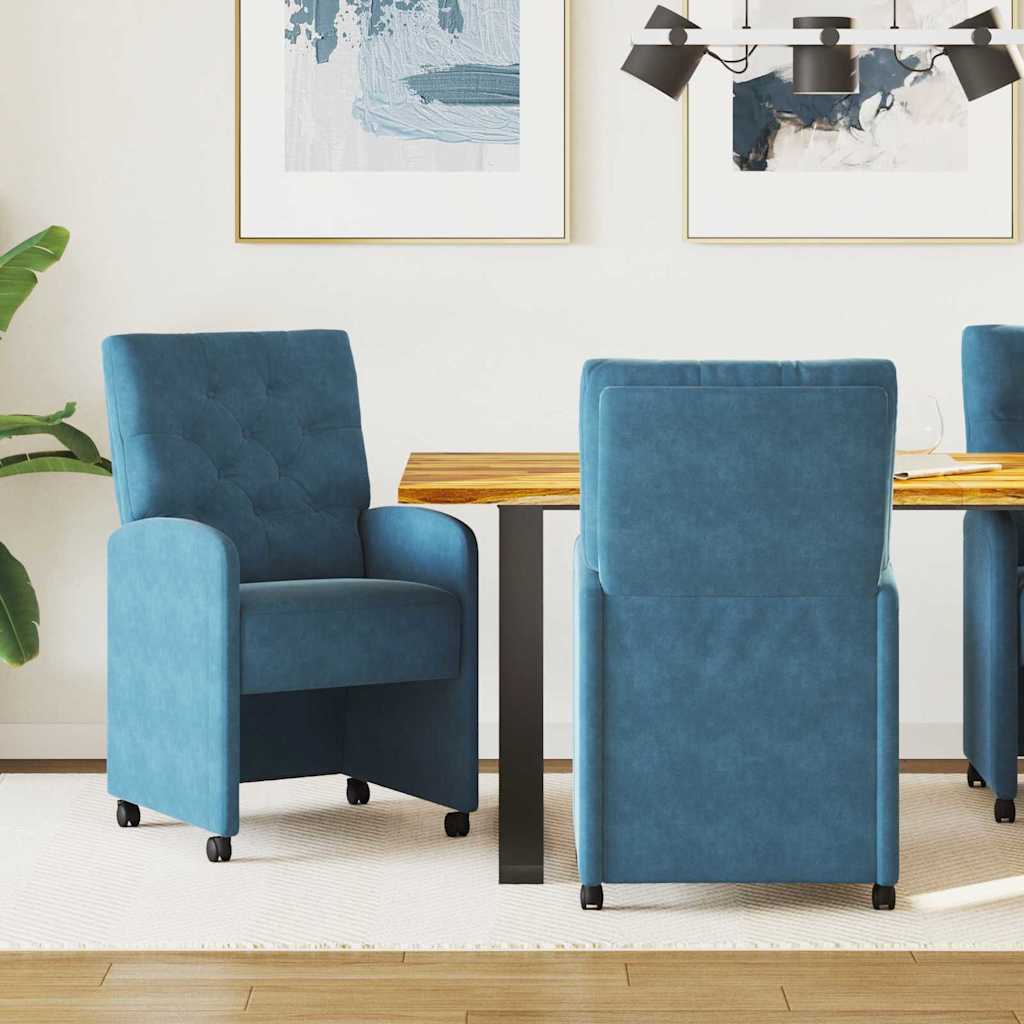 Spisebordsstole med hjul 2 stk. Fløjl Blå 58 x 67 x 97 cm