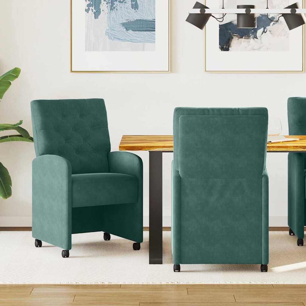 Spisebordsstole med hjul 2 stk. Fløjl Mørkegrøn 58 x 67 x 97 cm