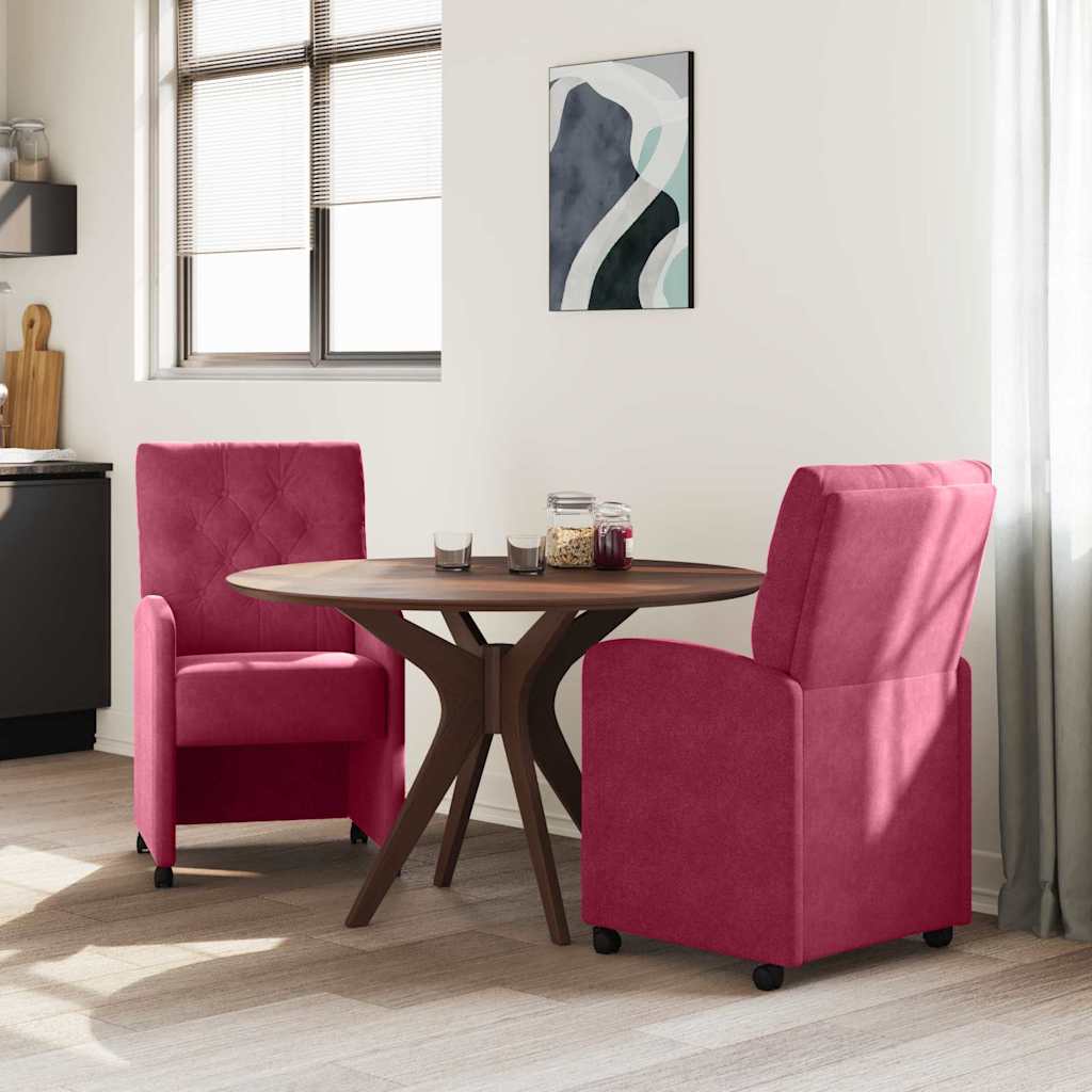 Spisebordsstole med hjul 2 stk. Fløjl Vinrød 58 x 67 x 97 cm