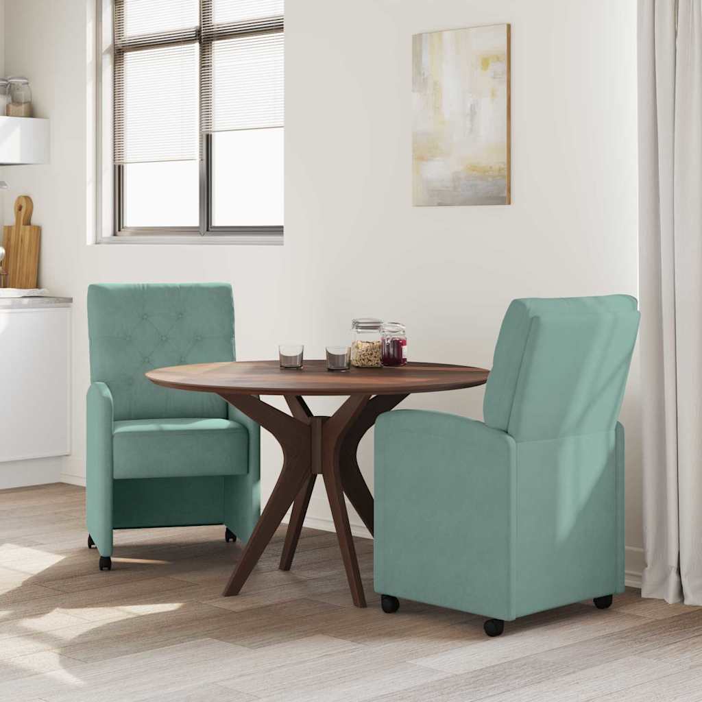 Spisebordsstole med hjul 2 stk. Fløjl havgrøn 58 x 67 x 97 cm