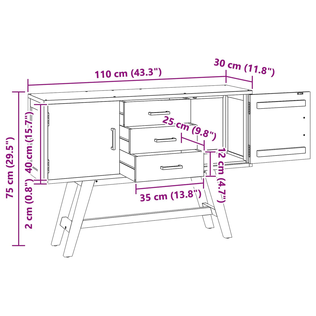 TV-bord 110 x 30 x 75 cm Naturfarvet Massiv Teaktræ