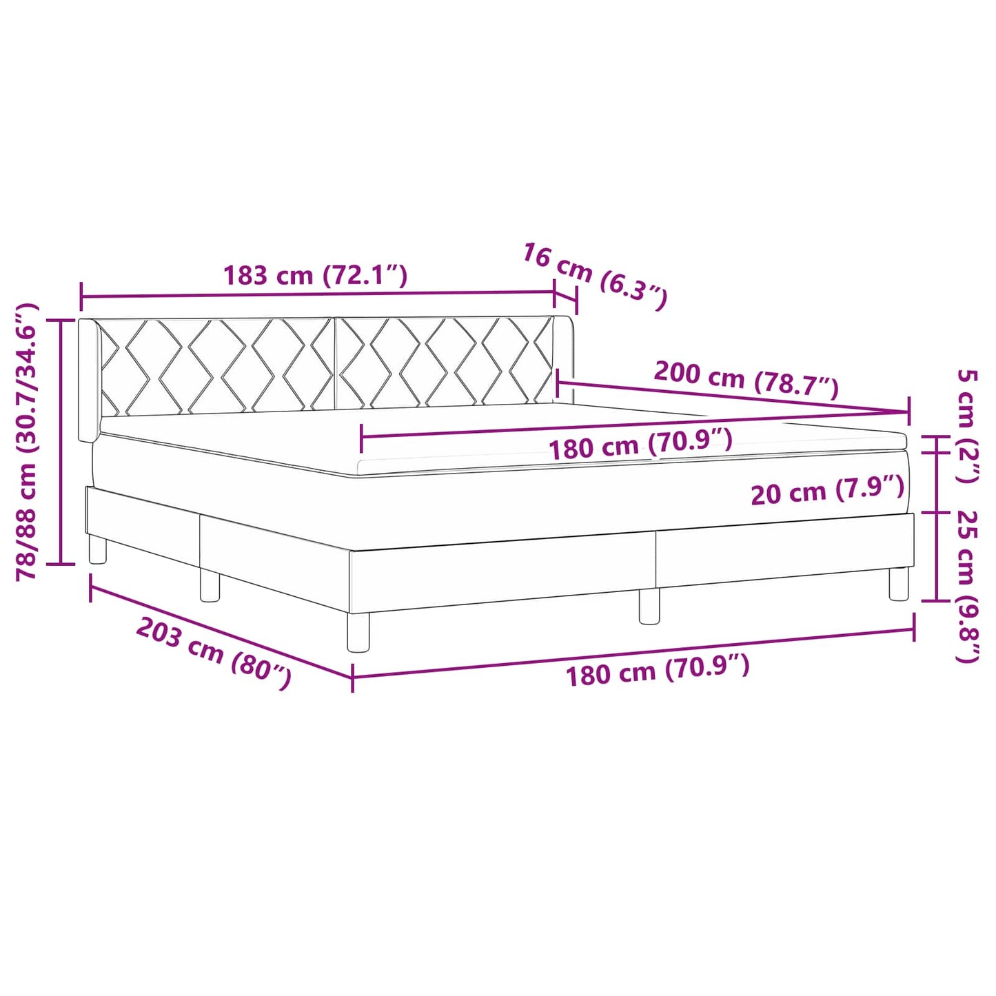 Box spring seng med hovedgærde Sort 200 x 180 cm Stof