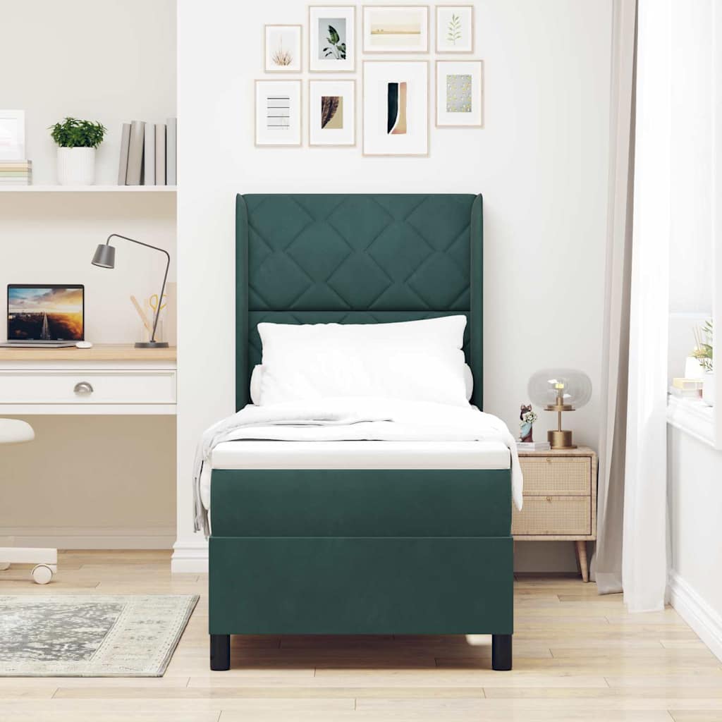 Box spring seng med hovedgærde Mørkegrøn 80 x 200 cm Fløjl