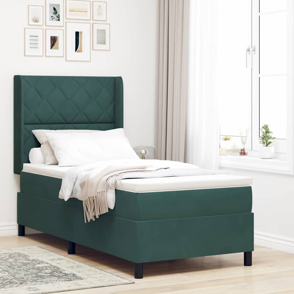 Box spring seng med hovedgærde Mørkegrøn 90 x 200 cm Fløjl