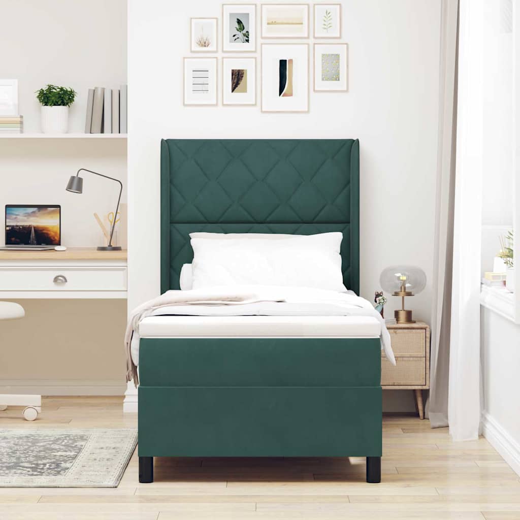 Box spring seng med hovedgærde Mørkegrøn 90 x 200 cm Fløjl