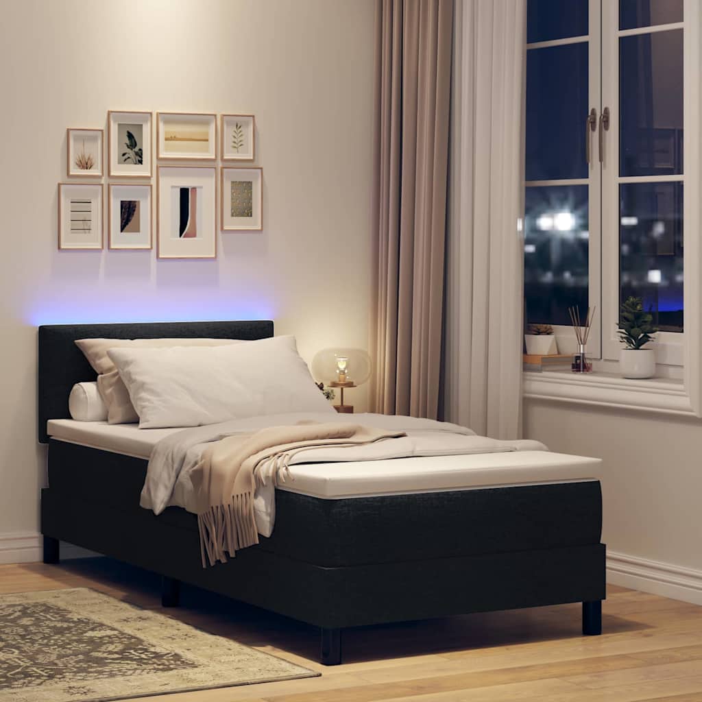 Box spring seng med LED-lysstrimler Sort 90 x 190 cm Stof