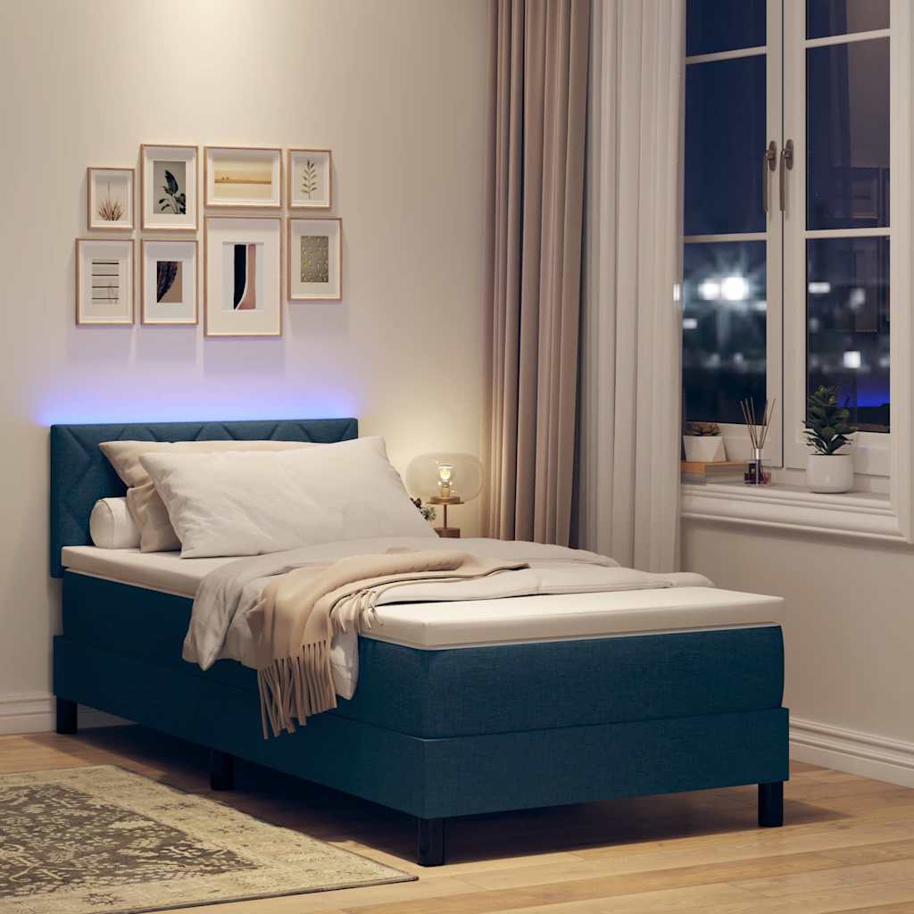 Box spring seng med LED-lysstrimler Blå 90 x 190 cm Stof