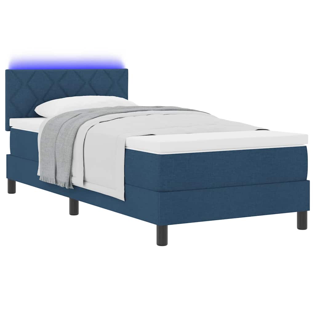 Box spring seng med LED-lysstrimler Blå 100 x 200 cm Stof