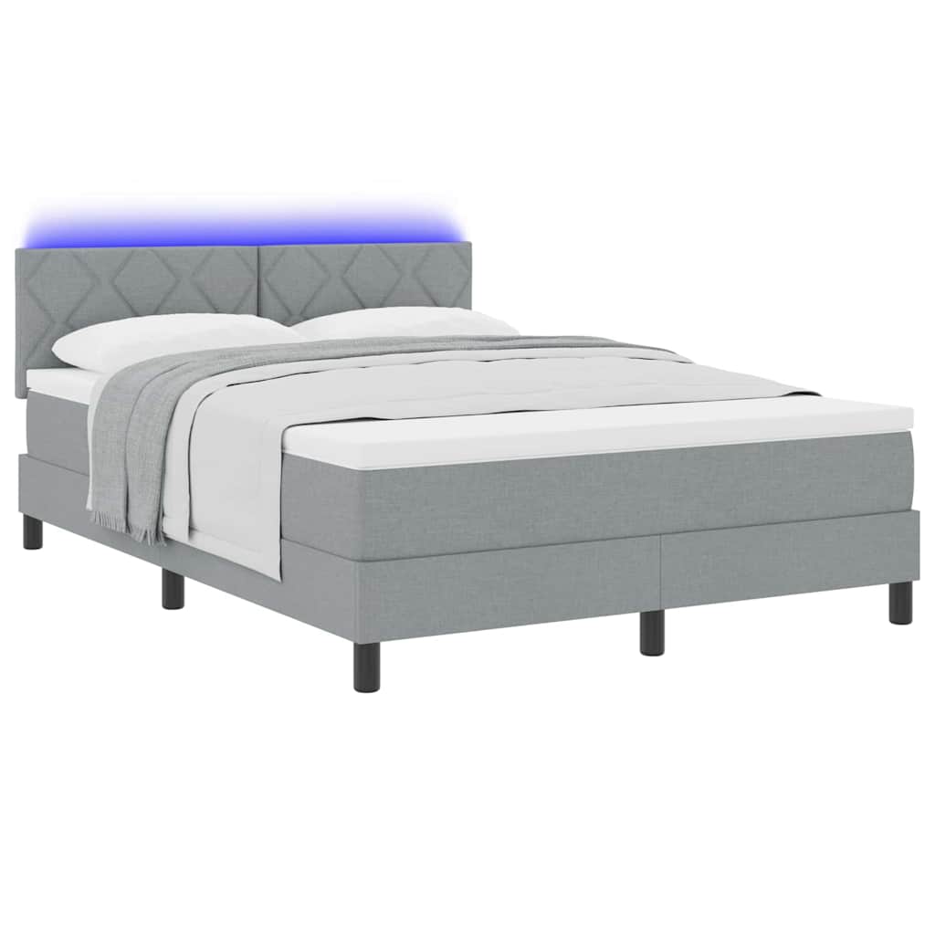 Box spring seng med LED-lysstrimler Lysegrå 140 x 190 cm Stof