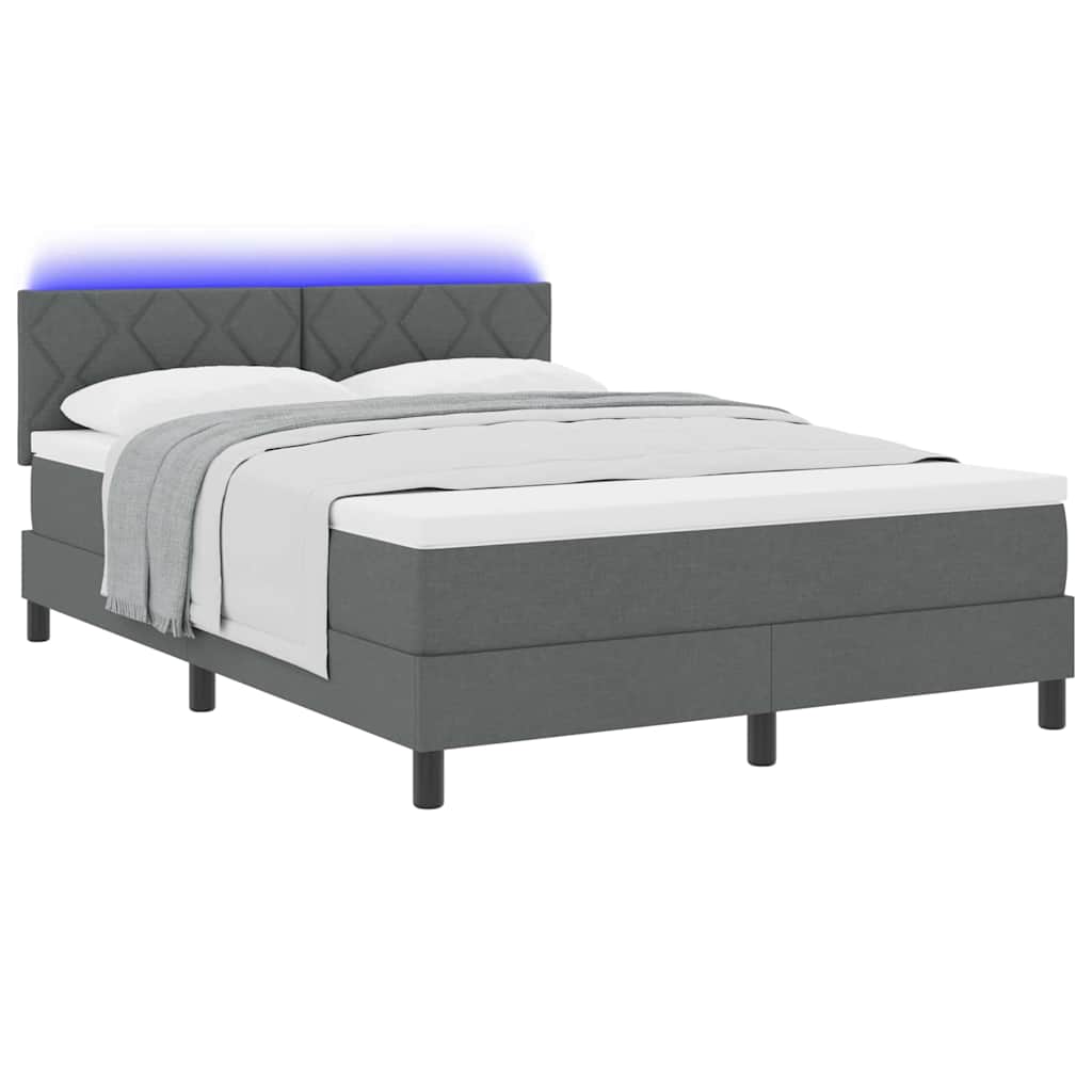 Box spring seng med LED-lysstrimler Mørkegrå 140 x 190 cm Stof