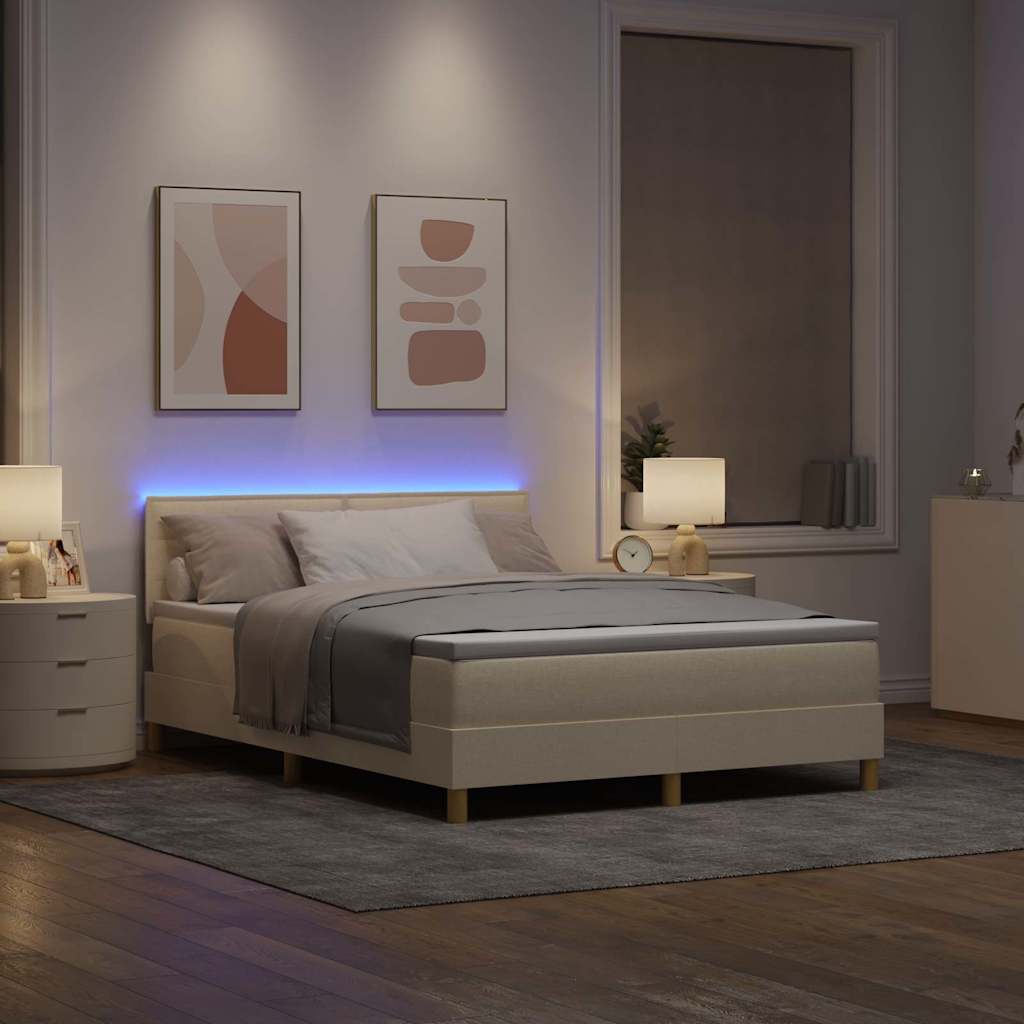 LED Box Spring Bed med LED-lysstrimler Creme 140 x 200 cm Stof