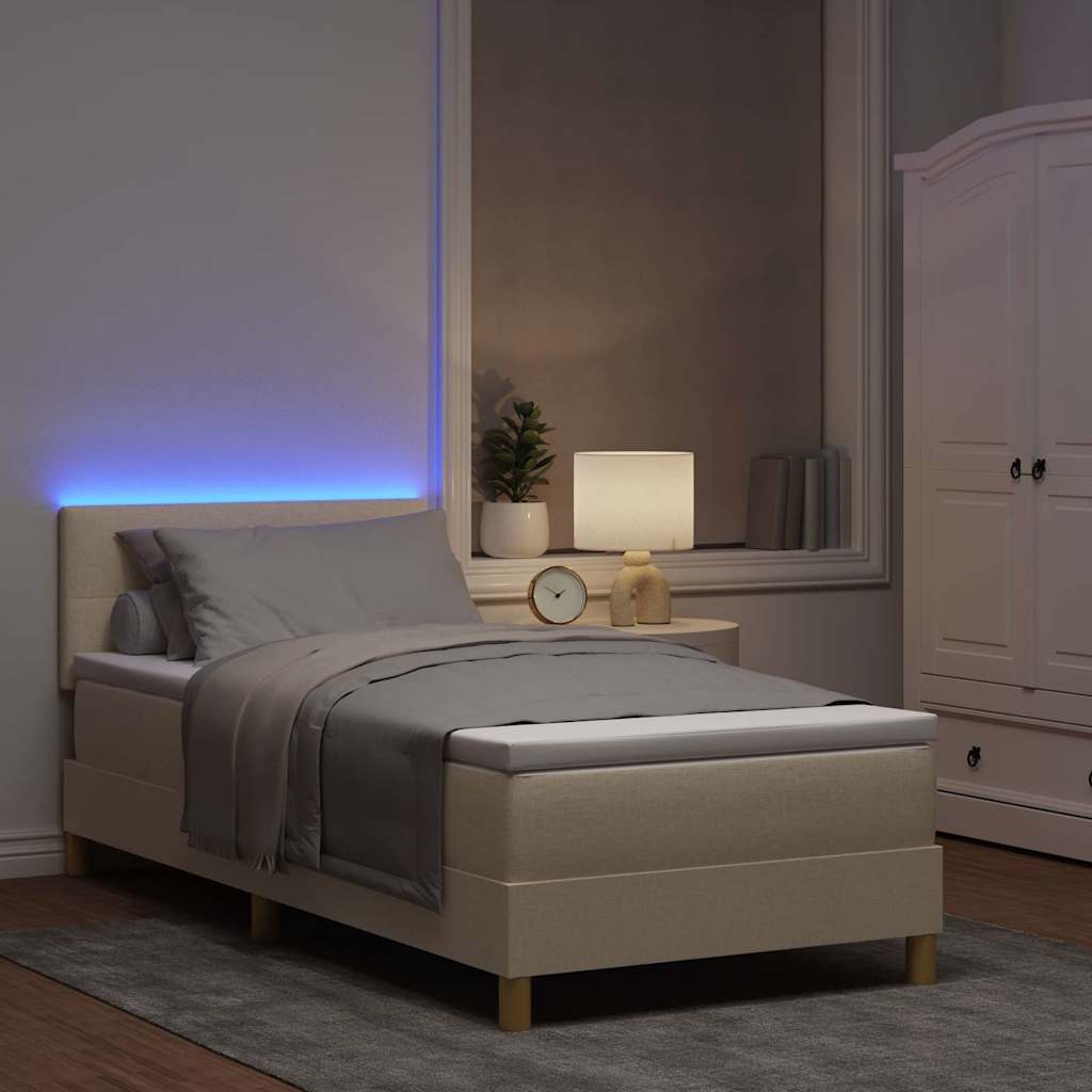 LED Box Spring Bed med LED-lysstrimler Creme 90 x 190 cm Stof