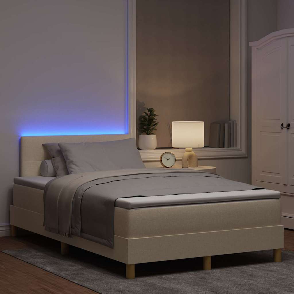 LED Box Spring Bed med LED-lysstrimler Creme 120 x 200 cm Stof