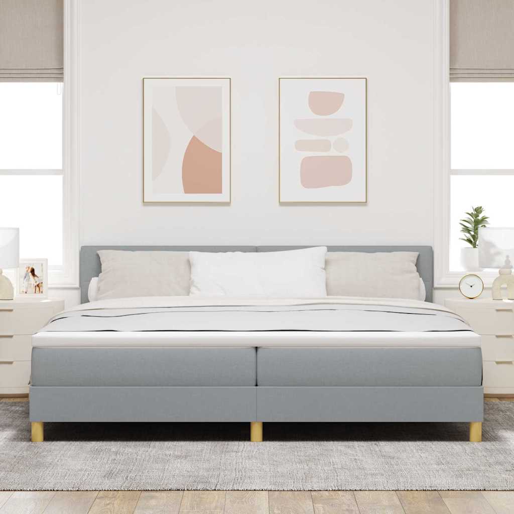 LED Box Spring Bed med hovedgærde Lysegrå 200 x 200 cm Stof