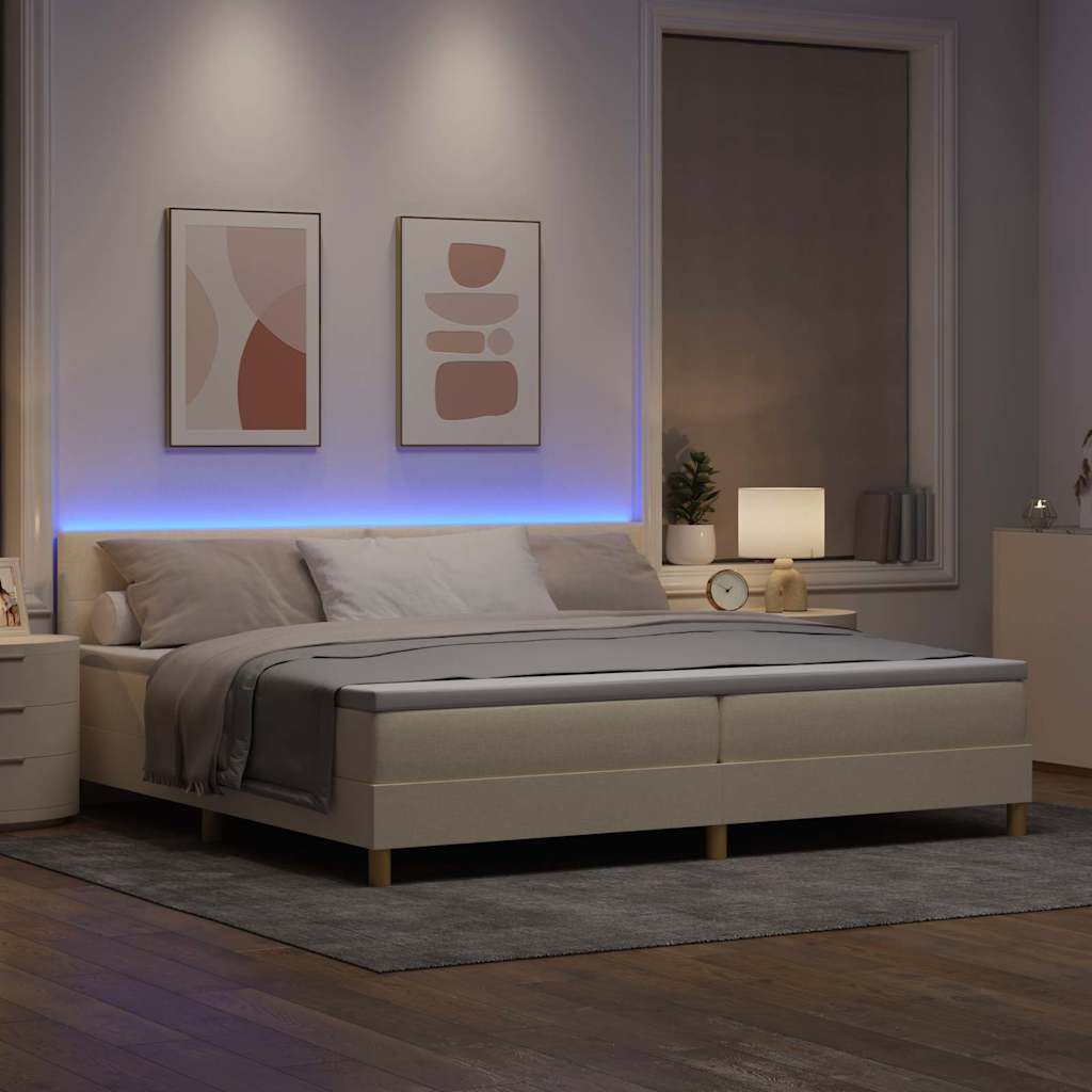 LED Box Spring Bed med pude Creme 200 x 200 cm Stof
