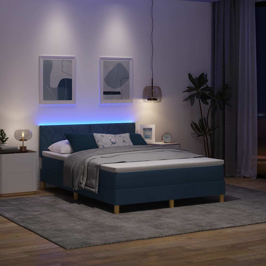 LED Box Spring Bed med LED-lysstrimler Blå 140 x 190 cm Stof