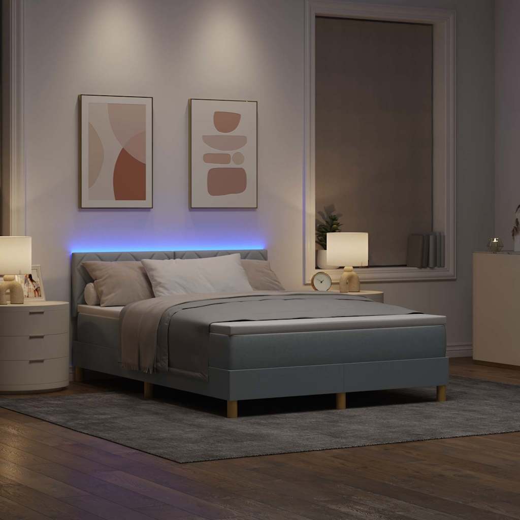 LED Box Spring Bed med hovedgærde Lysegrå 140 x 200 cm Stof