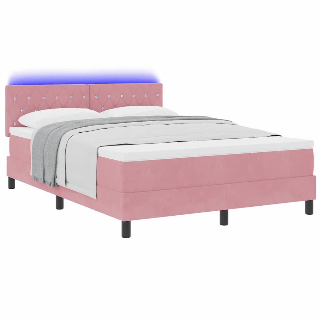 LED Box Spring Bed med madras Lyserød 140 x 200 cm Fløjl