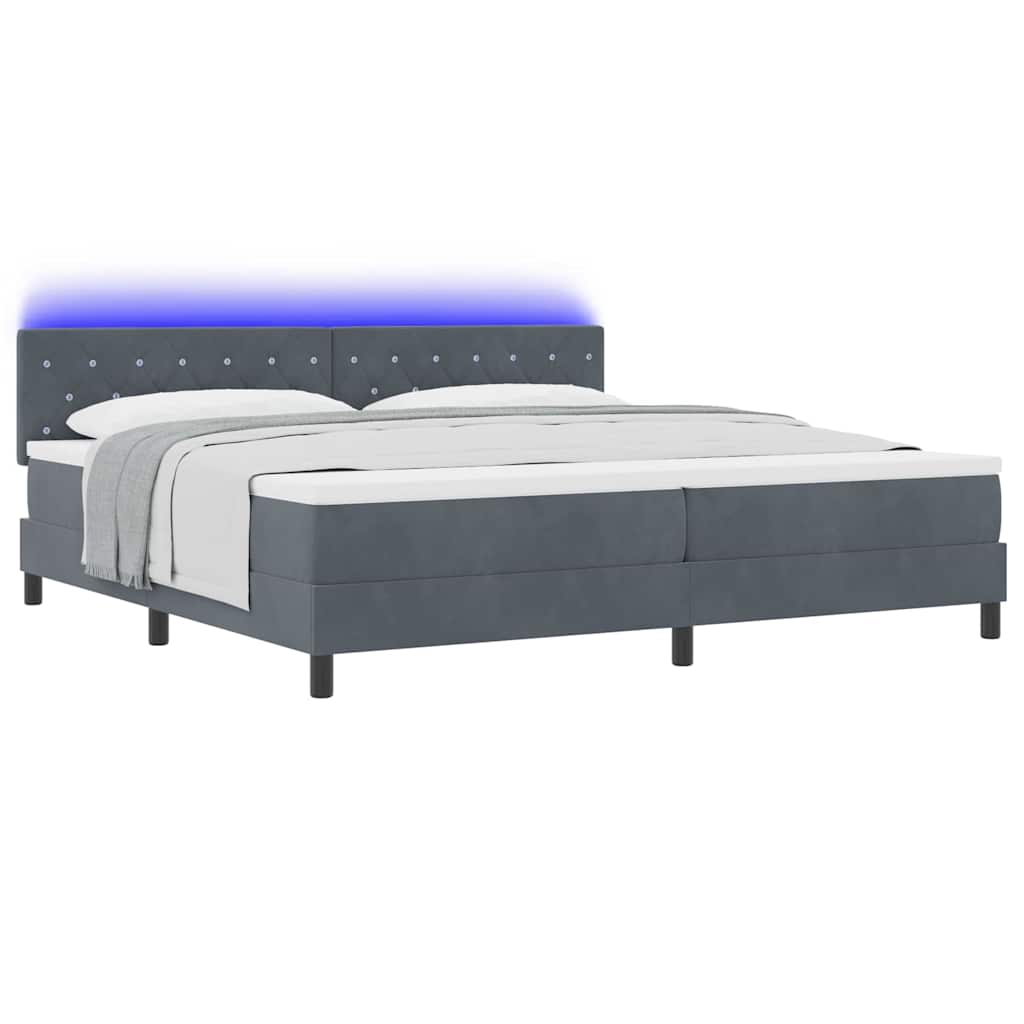 LED Box Spring Bed med madras Mørkegrå 200 x 200 cm Fløjl